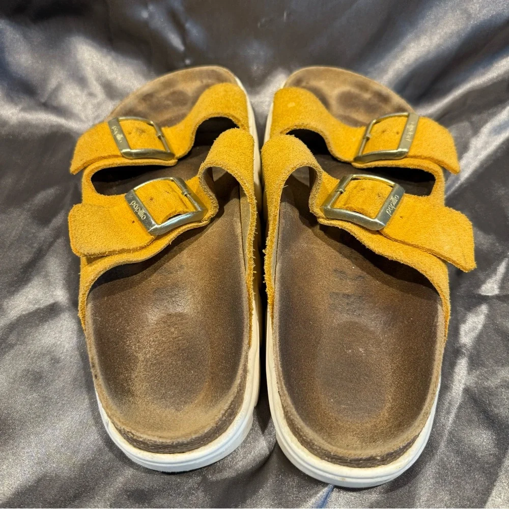 Birkenstock Papillio size 38 Suede Arizona Platform Sandals Gold Buckles w/ box - Picture 7 of 12